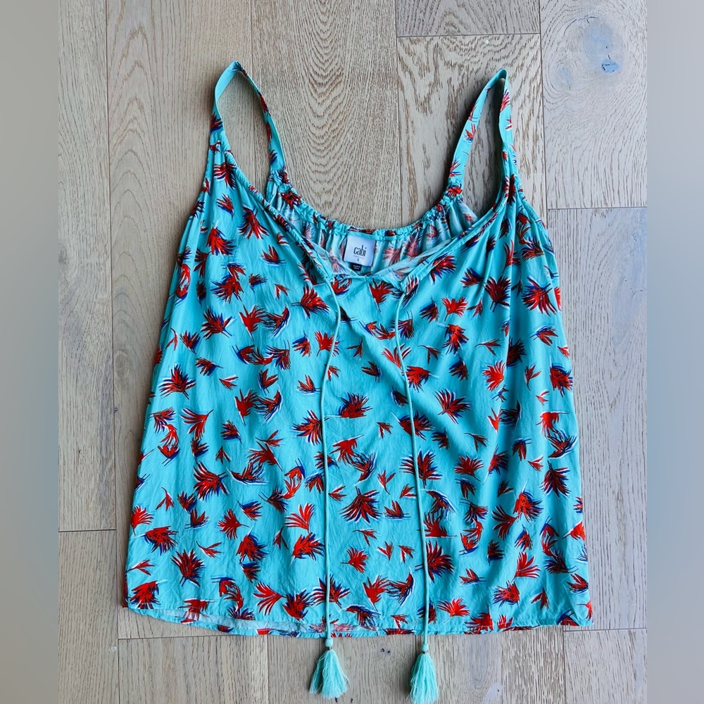 CAbi Womens Tank Top Teal Palm Print Tassel Sleeveless Scoop Neck Size S